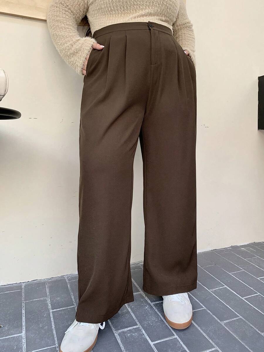 Dazy Plus Plus Size Solid Color Versatile Loose Casual Pants, All Season Fall - Brown - View 1