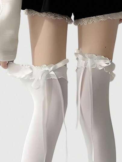 Kawaii 2 Pairs Cute Ribbon Bow Over-The-Knee Socks, Lolita Style Black & White Solid Color Lace Thigh High Socks, Daily Wear Super Thin Elastic Sheer Tights