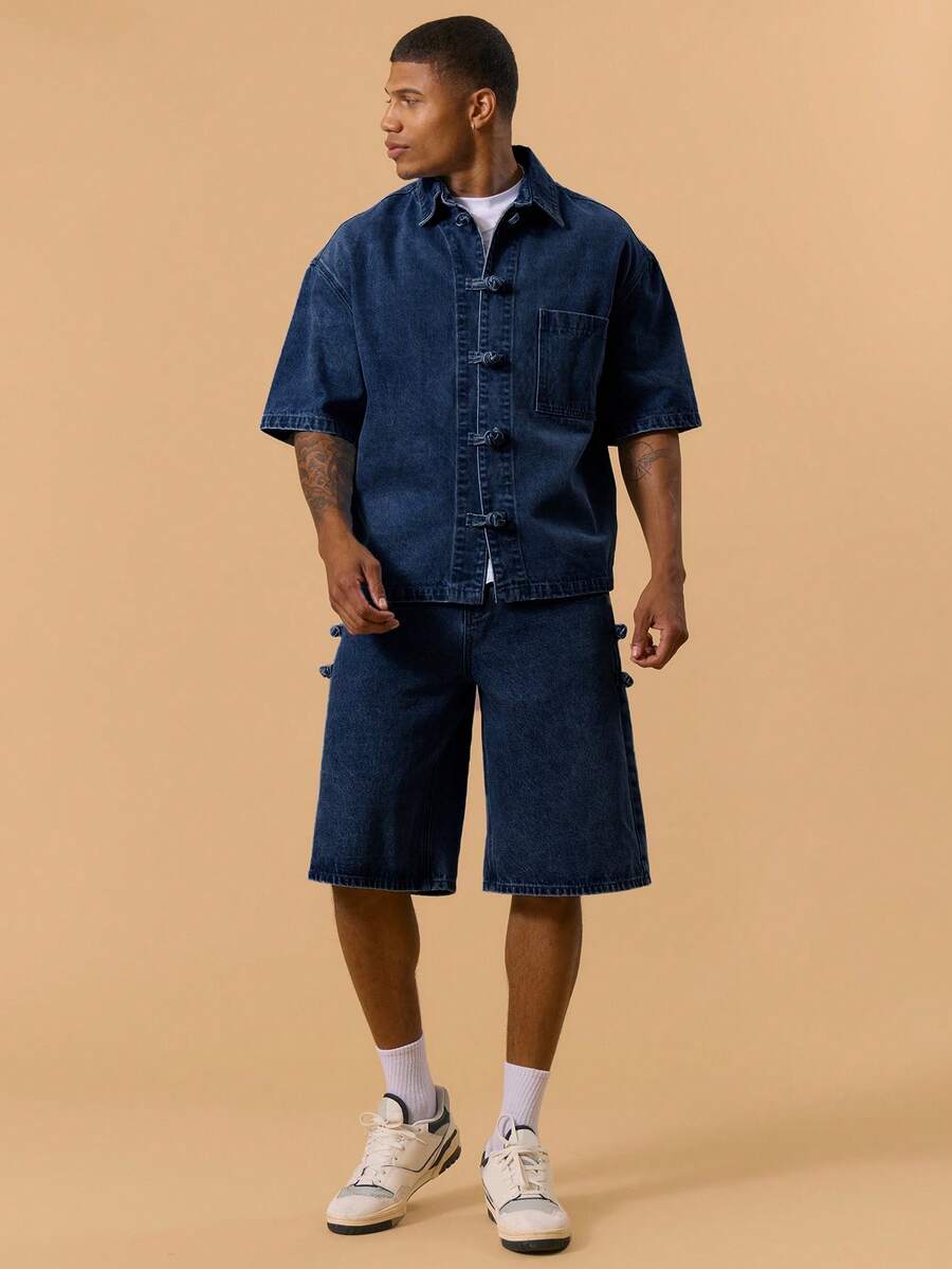 Musero Longline Baggy Style Washed Denim Shorts Only Button Fastening Belt Loop Detailing Spring Summer Vacation Holiday