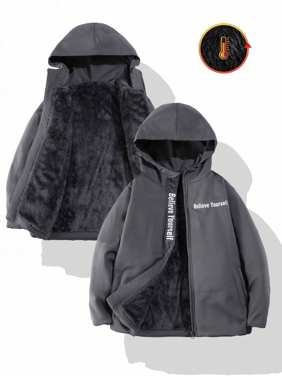 Tween Boy Outdoor Sports Casual Hooded Zipper Padded Coat, Creative Niche Design, Suitable For Snowy Weather, Dark Grey, Autumn/Winter Fall