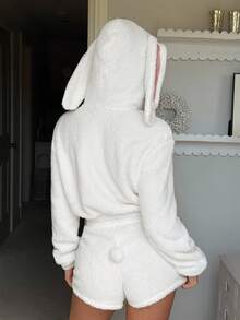 CovetEZ 2pcs/Set Women's Autumn And Winter Christmas/Halloween Home Sweet And Cute Casual White Plush Rabbit Ears Cute Tail Plush Jacket And Plush Shorts, White Home Sweet And Cute