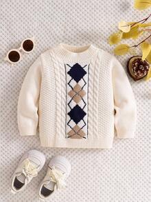 SHEIN Unisex Baby Geometric Pattern Long Sleeve Knit Sweater, Casual & Cute, Suitable For Baby Boys And Girls, Autumn/Winter Fall