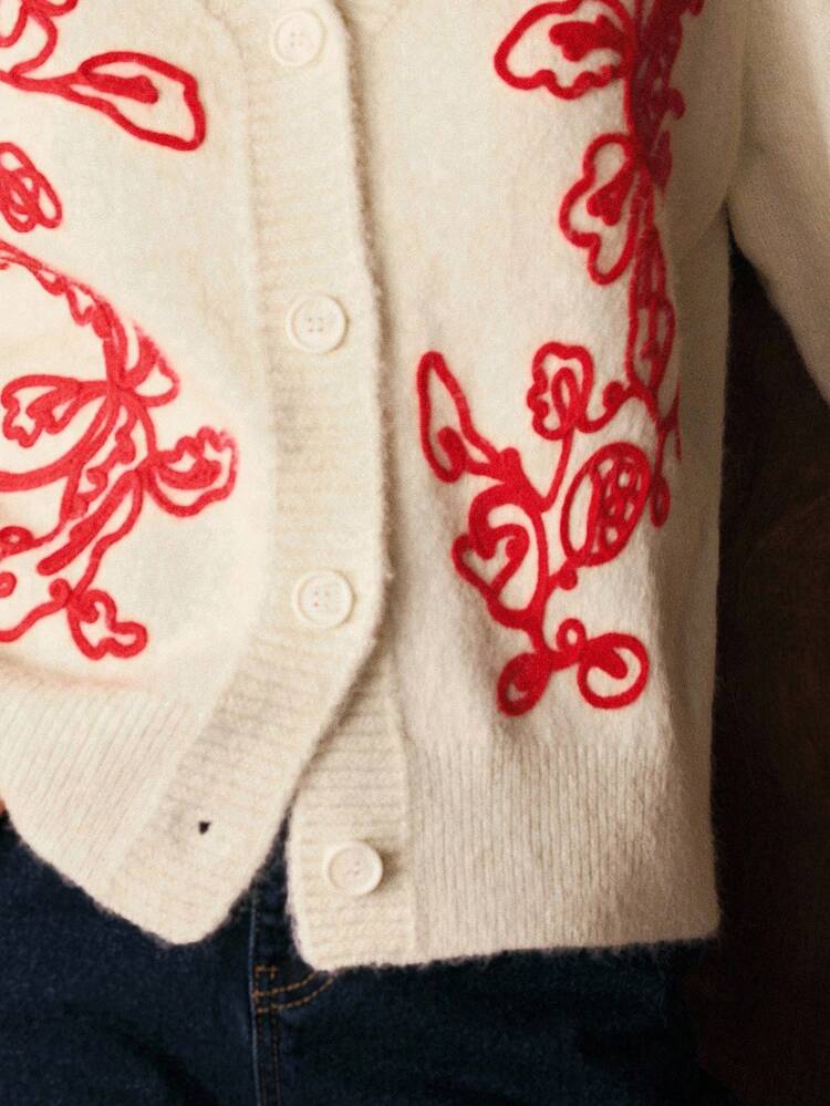EMBROIDERY PLANTS PATTERN V-NECK BUTTON PLACKET CARDIGAN , FALL WINTER