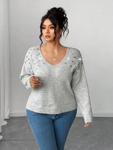 Elenzga Plus Size Fitted Elegant Beaded Pullover Sweater Fall Winter Cloth For Women Autumn - Light Grey - View 3
