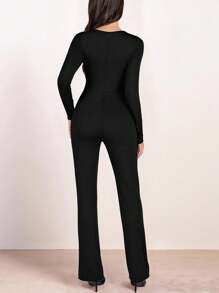 INAWLY Women's Minimalist Solid Color Hollow Circle Detail Jumpsuit, Autumn Fall Cloth For Women - Black - View 2