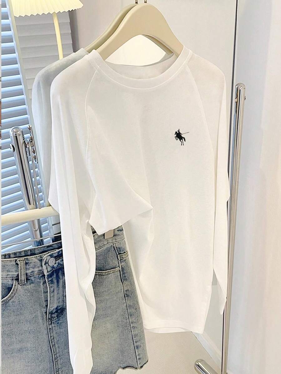 INAWLY Women's Casual Solid Color Knight Embroidered Round Neck Long Sleeve T-Shirt Fall Cloth For Women - White - View 1