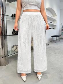 SHEIN EZwear Quần nỉ dài tay co giãn lấp lánh có dây rút cỡ lớn, thu/đông - Bạc - Xem 4