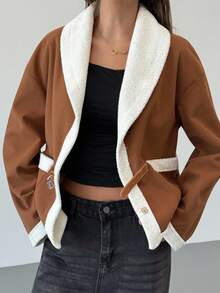 Aloruh Women's Contrast Color Collar Suedette Long Sleeve Jacket Fall Autumn, Back To School Homecoming - Khaki - View 5