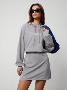 Hanevo Women's Casual Letter Embroidery Drawstring Hooded Sweatshirt Dress Fall Cloth For Women - Grey - View 1