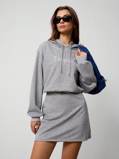 Hanevo Women's Casual Letter Embroidery Drawstring Hooded Sweatshirt Dress Fall Cloth For Women