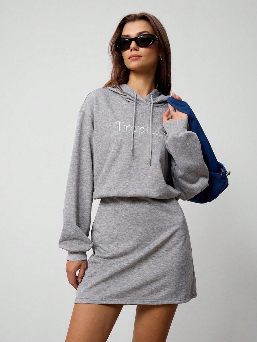Hanevo Women's Casual Letter Embroidery Drawstring Hooded Sweatshirt Dress Fall Cloth For Women - Grey - View 1