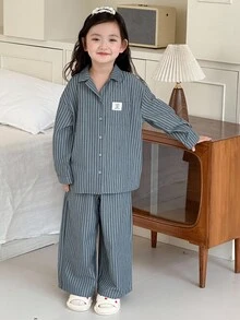 DAZY 2 件套年轻女孩休闲长袖上衣和裤子套装，家居服秋冬 - 藍色 - 查看 3