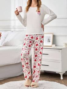 EURMUSE Bộ đồ ngủ thường ngày hình trái tim bằng vải cotton dành cho nữ - Nhiều màu - Xem 3
