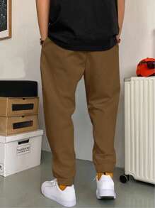RueChic 男款棉质字母贴花抽绳腰带运动裤 - 棕色 - 查看 2