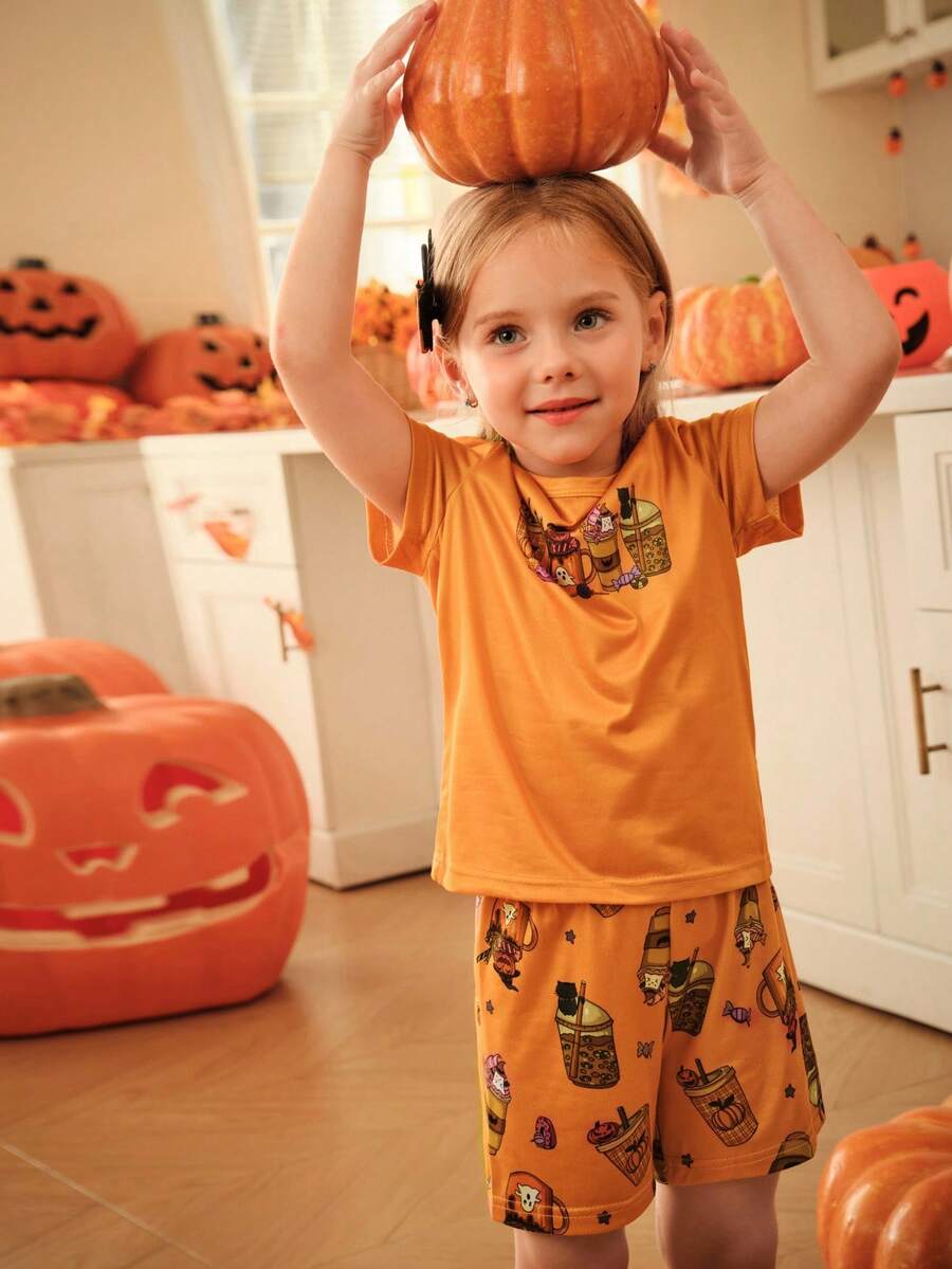 2pcs Halloween Funny Ghost Face Pumpkin Print T-Shirt & Shorts Set,Family Matching Pajamas For Girls & Toddlers,Summer Orange Trick Or Treat Clothing - Orange - View 1
