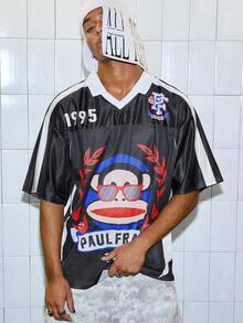 ROMWE MEN Paul Frank X ROMWE 男士时尚夏季卡通猴子印花短袖 Polo 衫 - 黑色 - 查看 1