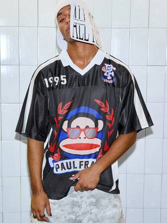 Paul Frank X ROMWE Men's Fashionable Summer Cartoon Monkey Print Short Sleeve Polo Shirt