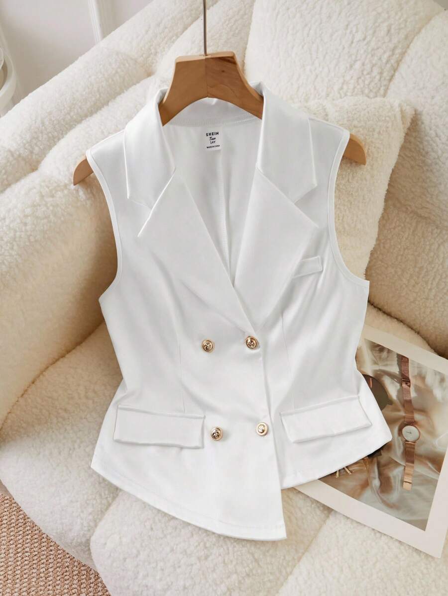 SHEIN Streelcool Women & Teenage Double-Breasted Casual Blazer Vest, French Style Asymmetrical Front Design, Suitable For Casual, Commute, Vacation In Spring And Autumn - White - View 1