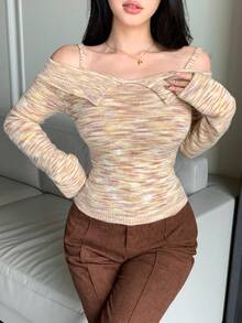 DAZY Women's Tie-Dye Tie Dye Off Shoulder Knit Sweater, Autumn/Winter - Yellow - View 3