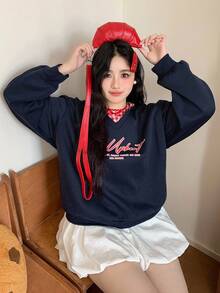 Dazy Plus 大尺碼女款休閒字母印花拼色格紋鬆款長袖衛衣，秋季校園風 - 藏蓝色 - 查看 5