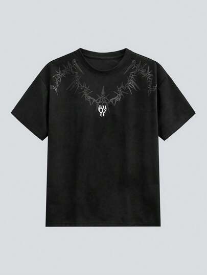  MODCRASH 男士夏季时尚刺绣圆领短袖T恤，街头风，哥特，Emo，印花T恤，春夏款