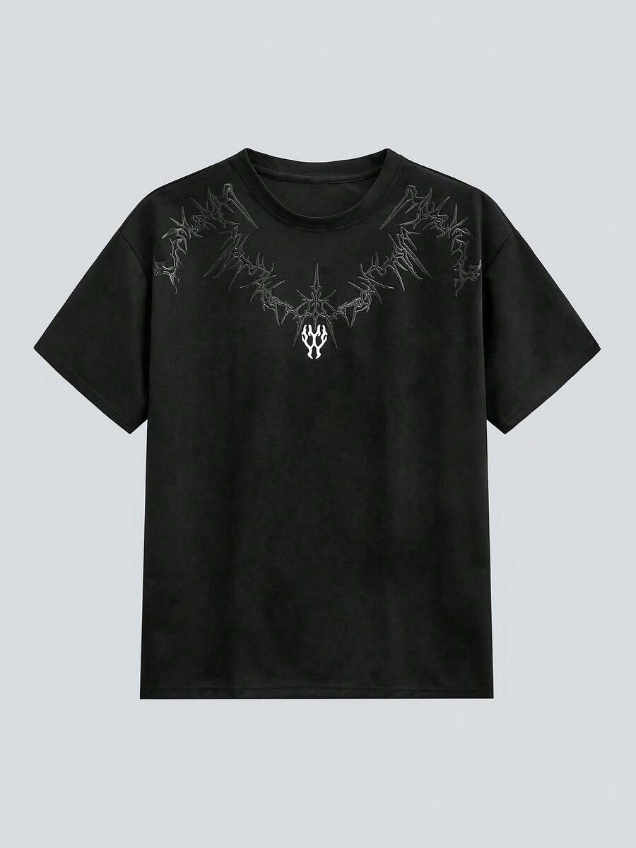 MODCRASH 男士夏季时尚刺绣圆领短袖T恤，街头风，哥特，Emo，印花T恤，春夏款 - 黑色 - 查看 1