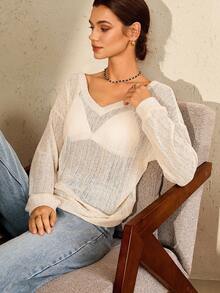 Lymera New Women's White Casual Elegant Sheer Loose V-Neck Sweater Tops With Asymmetric Off Shoulder Autumn Fall Winter For Women New Year Christmas Going Out Party Commuting Occasion