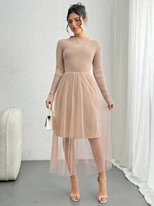 DAZY Vestido de mujer de cuello alto y longitud media con patchwork, vestido de punto de otoño - Caqui - Ver 6