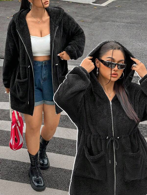 SHEIN EZwear Women's Fashionable Solid Color Fluffy Hooded Jacket, Autumn/Winter,Fall Clothes For Women,Elegant,Black,Long Sleeve,Belt,Hooded,Commute,Appointment,Date,Keep Warm,Party, Going Out,Wedding Guest,Chic,At Home