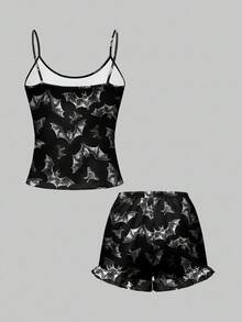 ROMWE Goth Halloween Bat Print Camisole & Shorts Pajama Set, Casual Sleepwear - Black - View 2