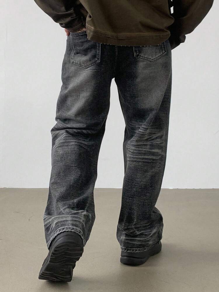 Men's Solid Color Washed Black Jeans With Decorative Chain Design, Street Style, Autumn