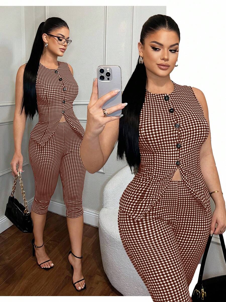 SHEIN SXY 2pcs Plaid Print Button Front Vest Jacket & 1pc Skinny Pants Woman 2 Pieces Outfits Brown Outfit Sleeveless Top And Set Piece Gingham - Brown - View 1