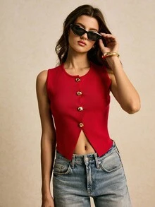Poéselle Women's Crew Neck Solid Color Sleeveless Short Cardigan Knit Vest In Fall/Winter - Red - View 7