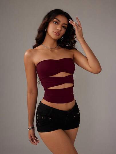 TRNVIE Top corto sexy de mujer con unicolor, fruncido y calado