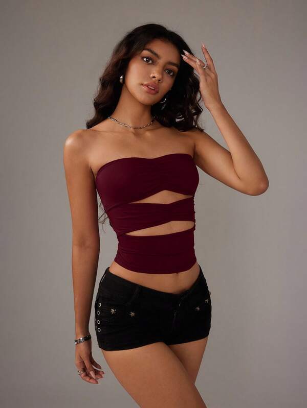 TRNVIE Women's Solid Color Ruched Hollow-Out Cropped Sexy Camisole Top