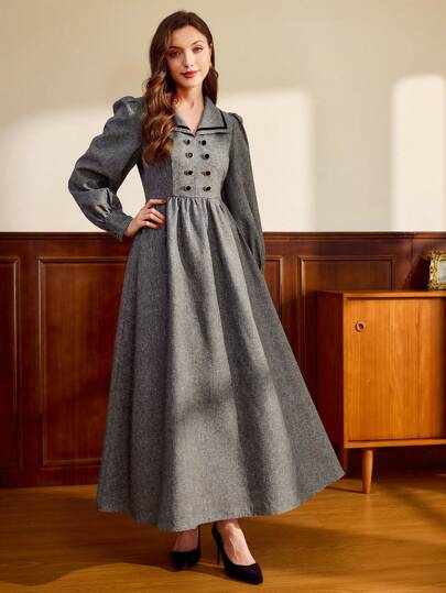 Vintamour 复古经典优雅女士长袖连衣裙，修身翻领双排扣长裙，灰色超长连衣裙，秋冬季优雅女装，冬季女装，女士正式连衣裙