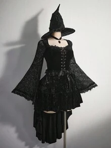 SHEIN ICON 大码女式不对称下摆天鹅绒迷你裙，Y2K 复古荷叶边下摆天鹅绒裙，万圣节服装 - 黑色 - 查看 6