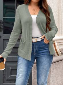SHEIN LUNE Plus Size Solid Color V-Neck Casual Versatile Long Sleeve Cardigan With Pockets In Fall/Winter - Mint Green - View 4