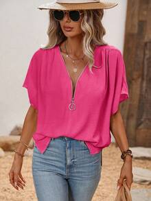 EMERY ROSE Women's Summer Solid Color Zipper Half Placket Batwing Short Sleeve Loose Blouse