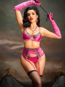 SHEIN Bộ áo ngực có gọng thêu gợi cảm dành cho nữ - Màu Hồng Tươi - Xem 1