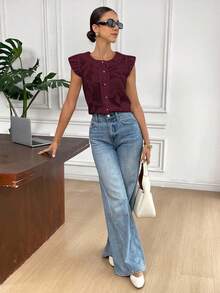 Serisse Women's Round Neck Cap Sleeve Single-Breasted Jacquard Fashion Shirt Red Top Summer Christmas New Year Casual Valentine's Day - Red - View 2