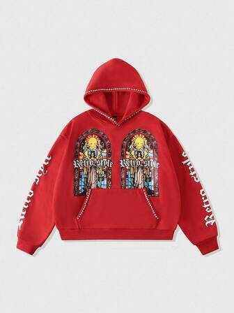 Street Life Men's Religious Rhinestone Print Hoodie, Loose Cropped Style