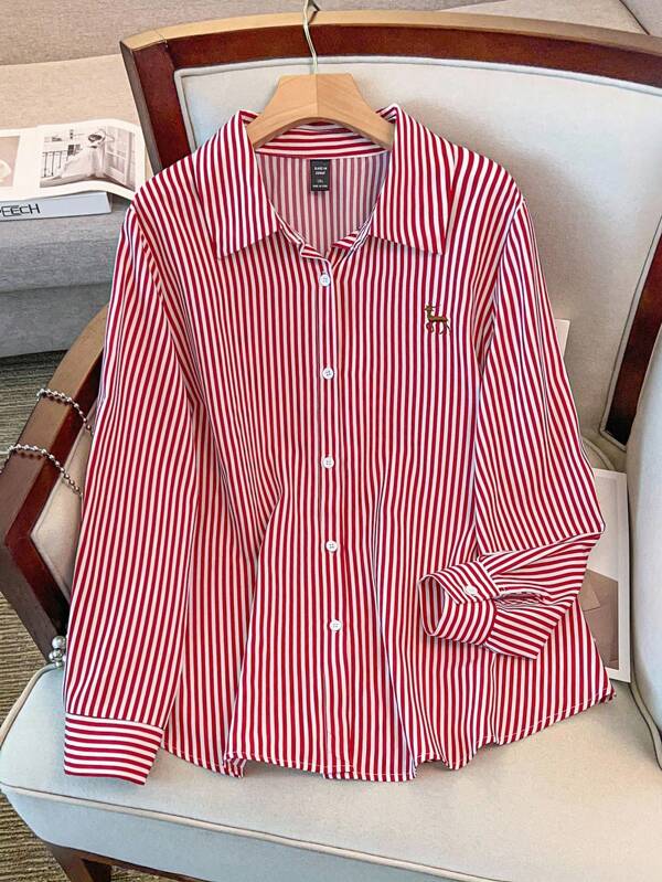 Regalyn Plus Size Embroidered Striped Collared Long Sleeve Button-Up Casual Shirt, Suitable For New Year Fall