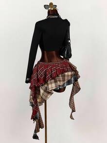 Amplova 不对称荷叶边下摆混合格子迷你裙 - 彩色 - 查看 7