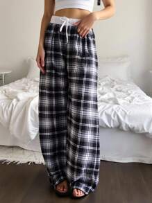 SHEIN Explorewe Tween Girls' Contrast Waist Tie Plaid Wide Leg Loose Casual Pants Fall Winter - Black - View 5