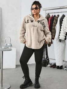 SHEIN EZwear 2 件套休闲字母印花拉链羊毛连帽衫和修身瑜伽裤，百搭大码，秋冬 - 卡其色 - 查看 4