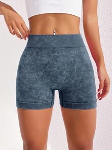 SHEIN Dewbera 女士哑光运动短裤，腰部褶皱，性感提拉，弹性舒适，适合瑜伽和健身 - 藏蓝色 - 查看 3