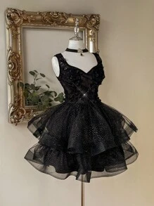 Lovelzi 优雅黑色奢华 3D 花卉串珠刺绣网眼腰部透明下摆 A 字形公主礼服，可调节系带，正式场合礼服，万圣节 - 黑色 - 查看 7