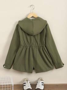 SHEIN 秋冬季青少年女孩休闲军绿色宽松连帽抽绳可调节腰部派克大衣 - 軍綠色 - 查看 7