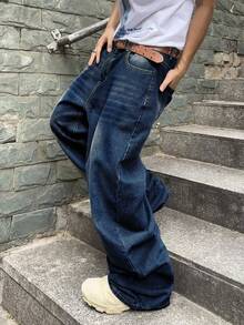 Manfinity EMRG 男式休闲洗水宽松牛仔裤 - 藍色 - 查看 5